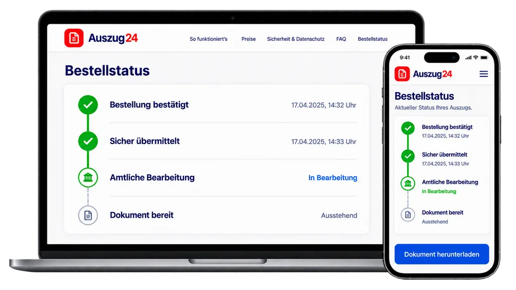 Vorschau des Auszug24-Bestellstatus auf Laptop und Smartphone.