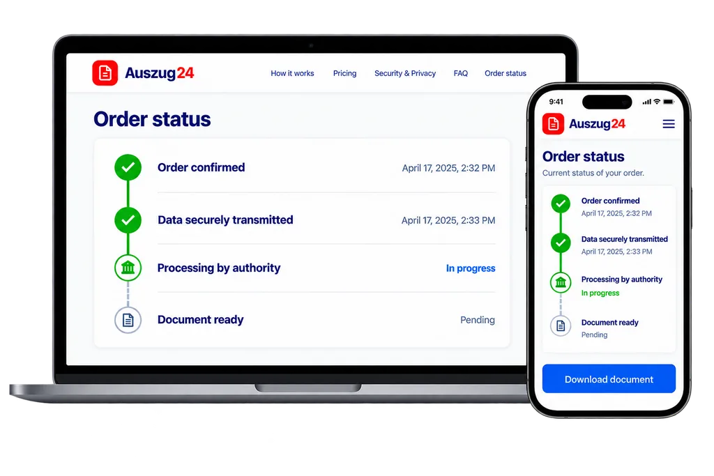 Preview of Auszug24 order status on a laptop and smartphone.