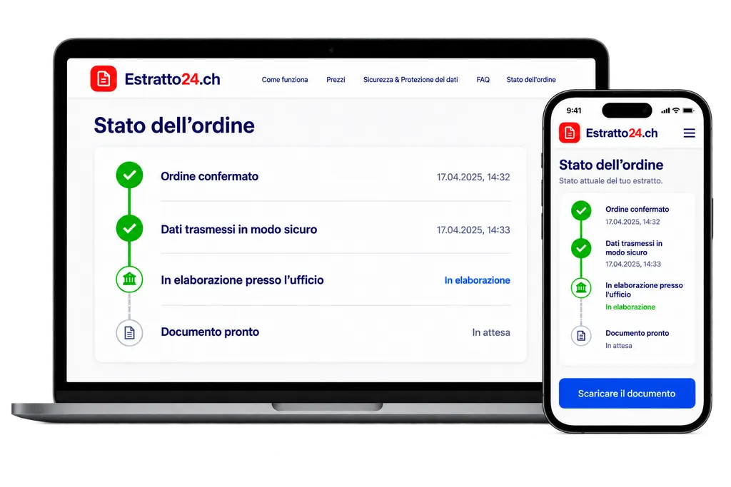 Anteprima dello stato dell’ordine Estratto24 su computer portatile e smartphone.
